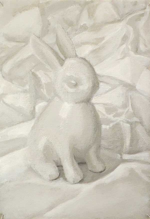White rabbit on white satin, acrylic on canvas, 30x21cm